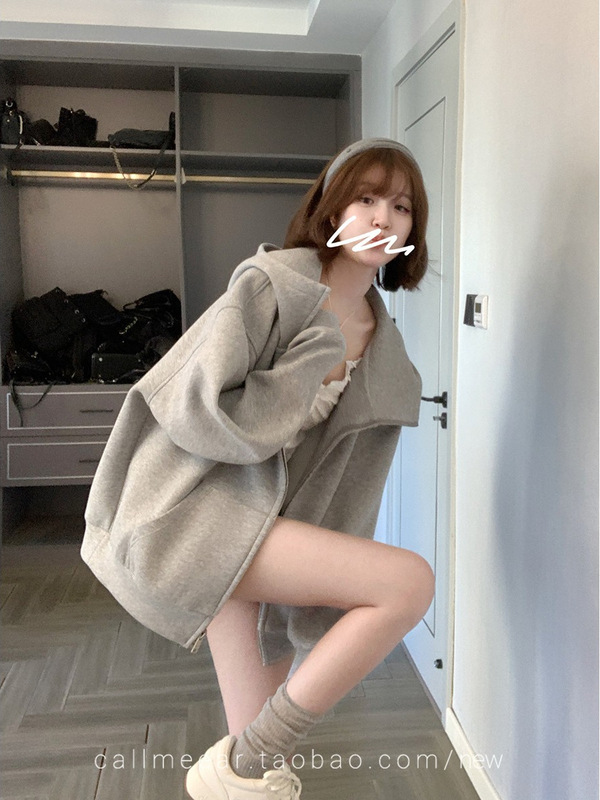 灰色宽松卫衣外套女连帽美式上衣秋季2025新款休闲重磅廓形慵懒风|undefined