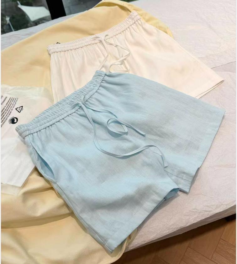 Quần short nữ vải lanh nhập khẩu thiết kế viền tua rua có lót dáng chữ A — xanh lam, màu trắng chi tiết 6