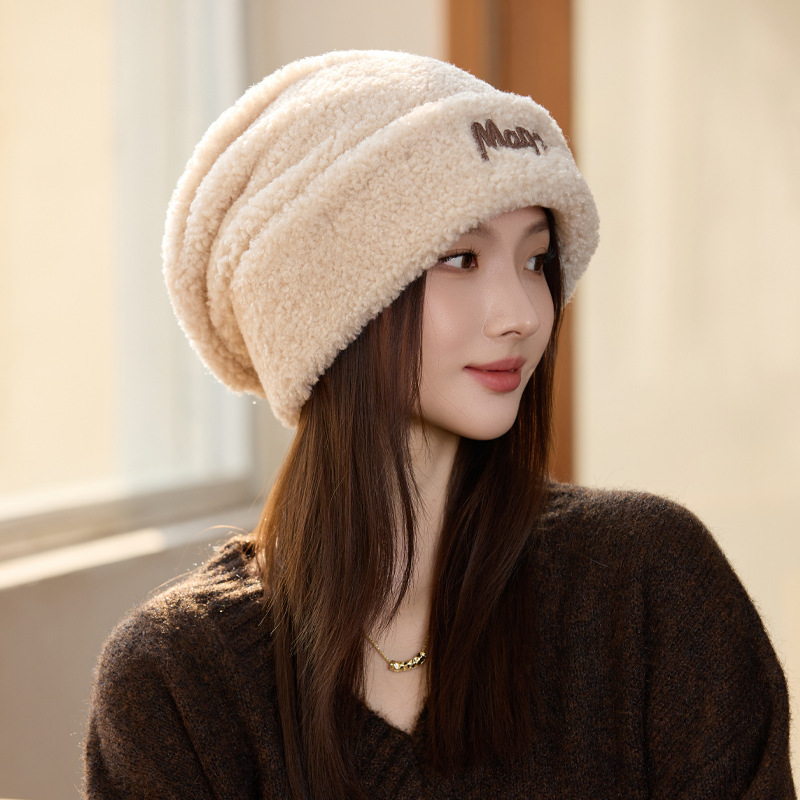 韩版冬天帽子女加绒保暖针织帽时尚百搭刺绣盆帽显脸小毛线堆堆帽|undefined