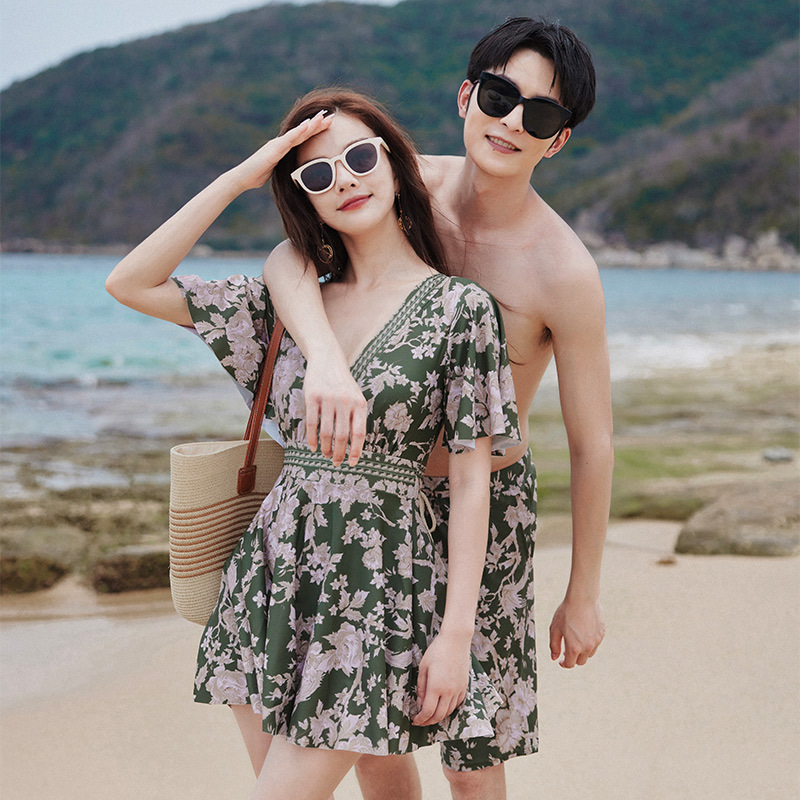 Factory Direct Sales New Couple Swimsuit Women's Slimming Belly-Covering Large Size One-Piece Skirt-Style Boxer Beach Pants Hot Spring Swimming