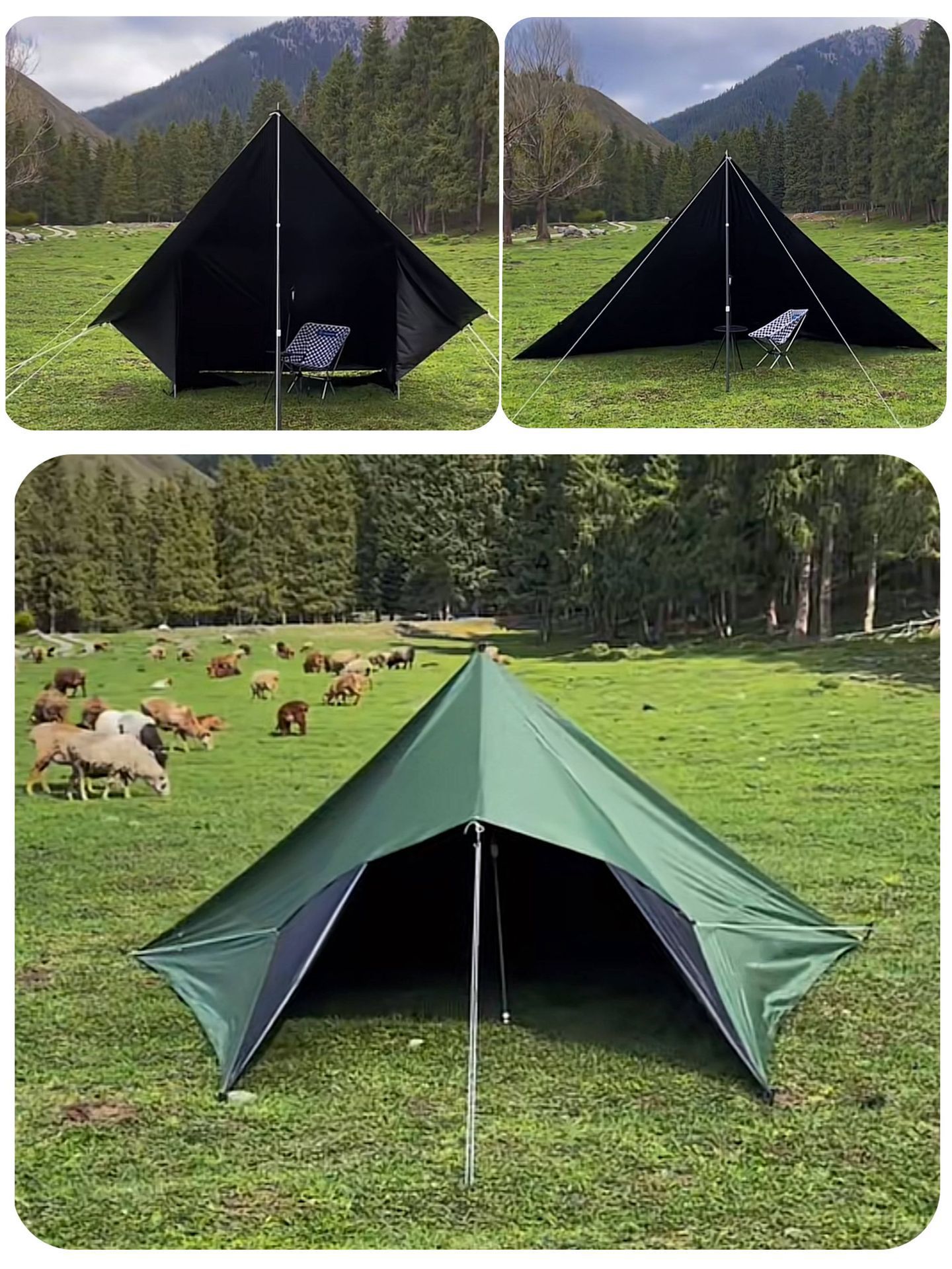 In-stock outdoor camping black vinyl tarpaulin with 19 hanging points, multifunctional ground mat, sunshade, rainproof, windproof curtain