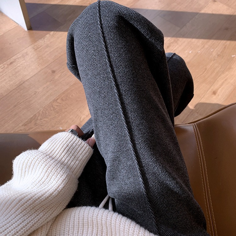 Women's High-Waisted Wool Trousers With Fleece Lining - Straight Leg Herringbone Wide-Leg Pants For Winter (Beige, Charcoal)_voghion.com