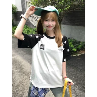 美式复古星星黑色插肩短袖t恤女夏季慵懒设计感撞色上衣