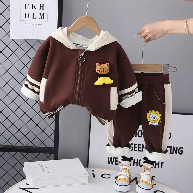 2025 新秋韓国風子供スーツフード付きライオン長袖服 2 点セット男の子カジュアル子供服トレンド|undefined
