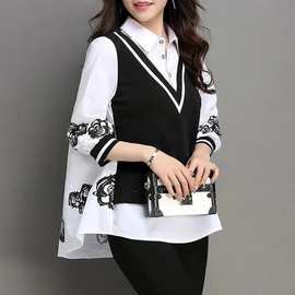 领大码女装胖遮肚韩版宽松加肥七分袖假两件时尚打底衬衫女