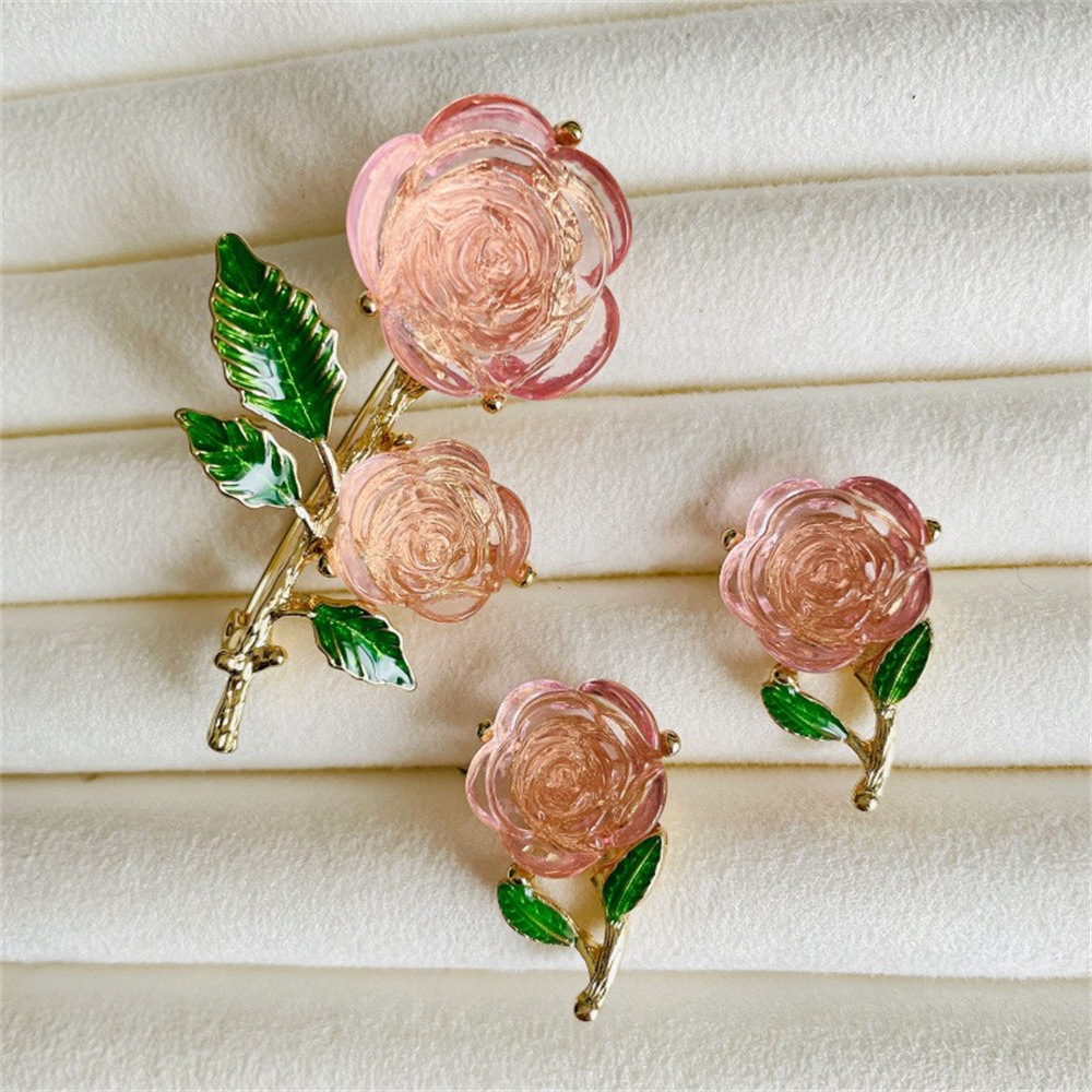 Resin Rose Flower Brooch Silver Needle Ear Stud Enamel Oil Dropping Green Leaf Blades Women's Ice Crystal Powder High-grade Sense Corsage