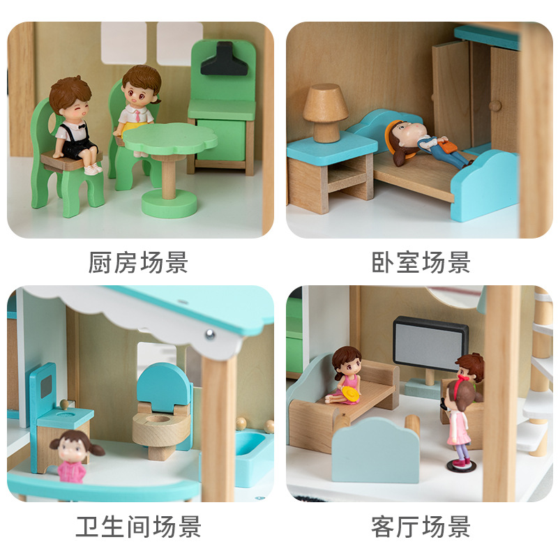 Casa de muñecas azul de madera para niños, casa de juegos, simulación de bebé, escena de bricolaje, villa ensamblada, mini muebles, juguetes