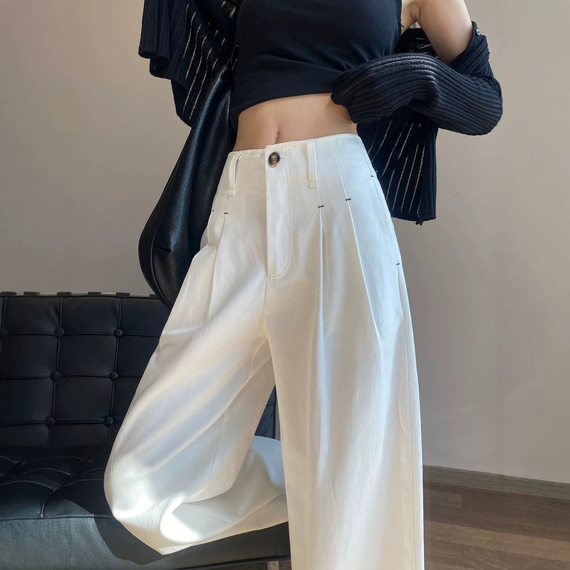 Spring and autumn season, white suit-style wide-leg trousers for women, featuring a high waist, a flowing drape, a casual yet sophisticated look, and a classic, elegant style