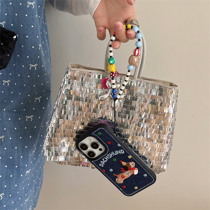 Perro salchicha de lunares de mezclilla bordado coreano para iPhone 15 funda para teléfono móvil 13 Apple 14ProMax cadena 12