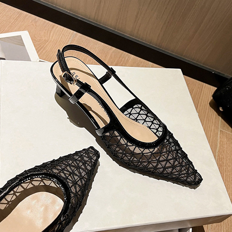 Dép sandal nữ bít mũi lưới thoáng khí mũi nhọn quai ngang gót thô 3–6 cm — Màu vàng, Màu đen