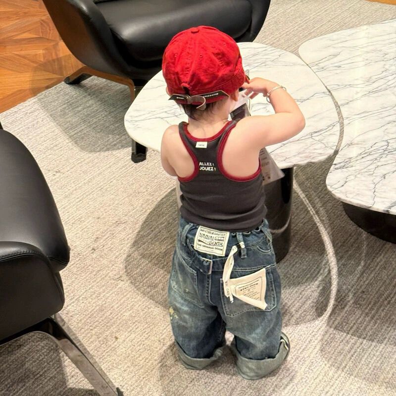 Boys and Girls Summer Vest Camisole Baby Stylish Children's Trendy Korean Color-Block Letter Short Inner and Outer Wear