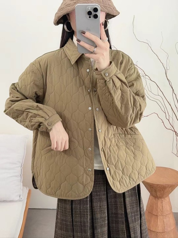 古咖服饰秋冬菱格绗线夹棉棉服女式文艺纯色翻领长袖宽松上衣外套|undefined