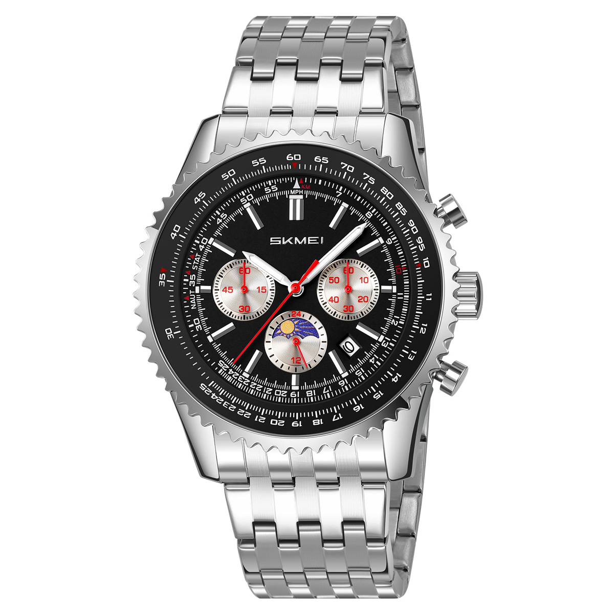 Momento de los Estados Unidos transfronterizos para hombres reloj de acero correa de tres ojos seis agujas multifuncional reloj de pulsera horario de estrellas al por mayor