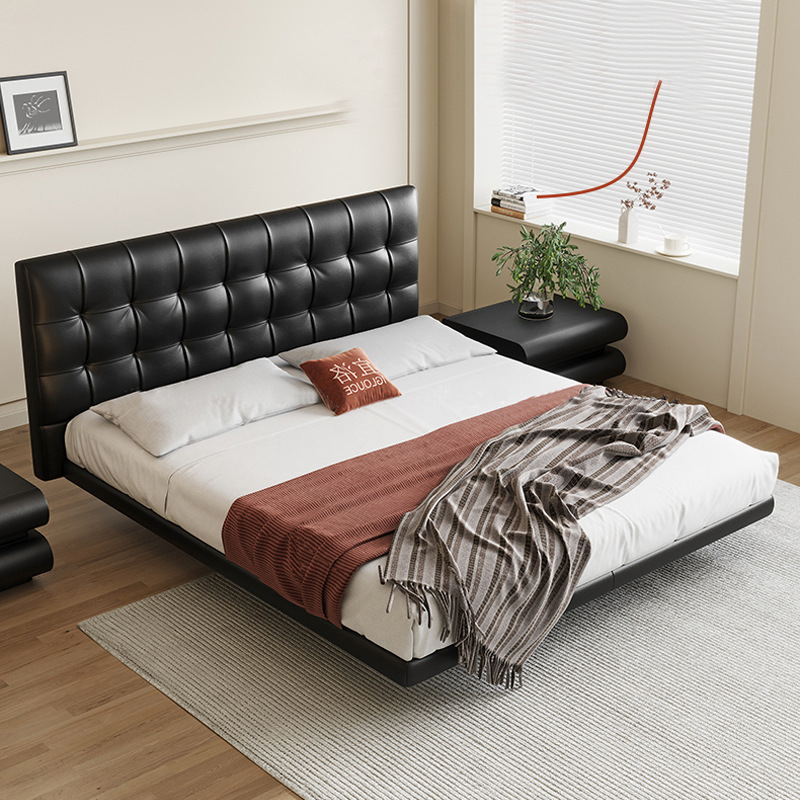 宜洛华夫格真皮悬浮床意式轻奢极简主卧黑色床现代简约软包齐边床