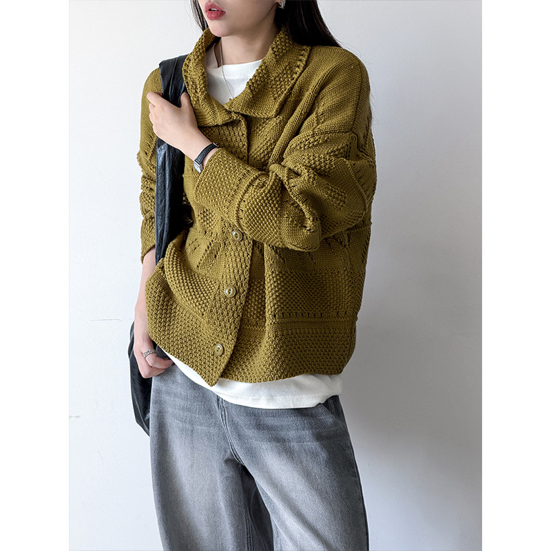 Juzhi's New Autumn Collection Features Korean-Style Design Lapel Solid Color Sweater Women's Tweed Coat 2936 Cardigan