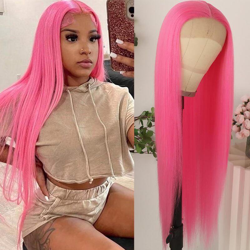 European and American Fashion Pink Women's Synthetic Fiber Lace Front Middle Part Long Straight Hair High-Temperature Fiber Hair One-Piece Drop Shipping