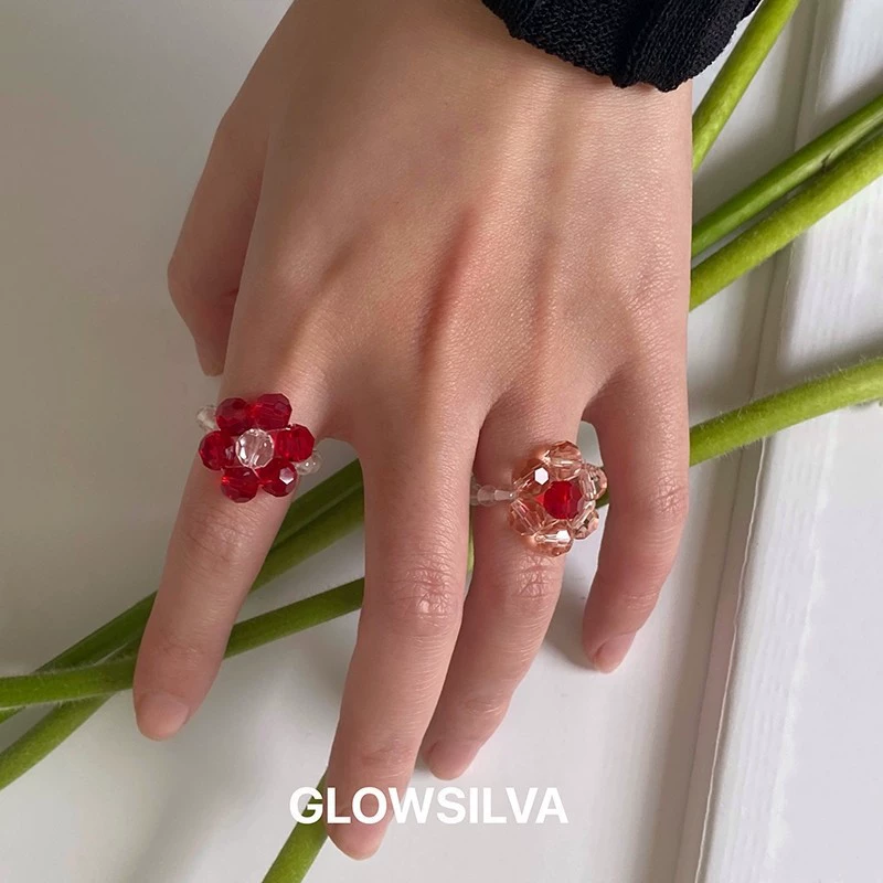 Handmade Woven Flower Ring, Retro Cute Beaded Ring, Clear Bead Band, Floral Charm