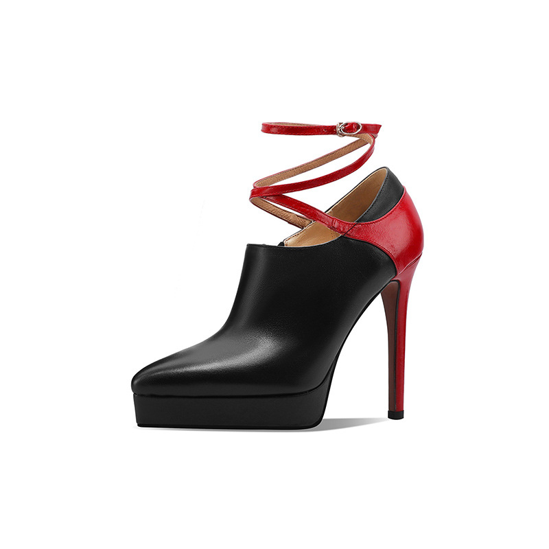 春秋新款尖头防水台全真皮拼色细超高跟鞋时尚性感绑带深口女单鞋