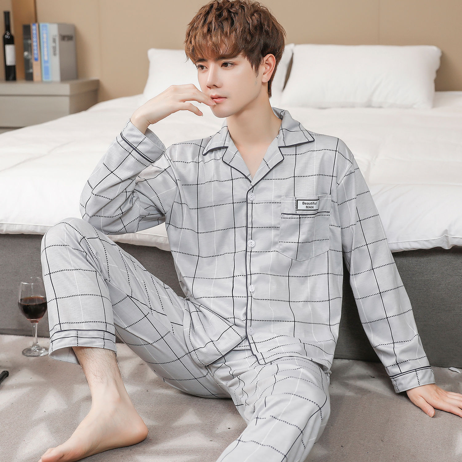 Pijamas de hombre Pijamas de primavera y otoño pantalones de algodón de manga larga de los hombres cardigan verde de mediana edad ropa de hogar traje de invierno para los ancianos