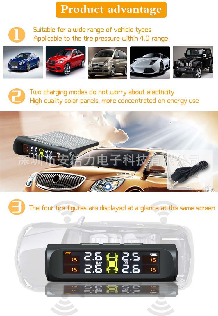 New Solar-Powered Car Tire Pressure Detector with External 4-Wheel Real-Time Tire Pressure Display and Tire Pressure Monitor