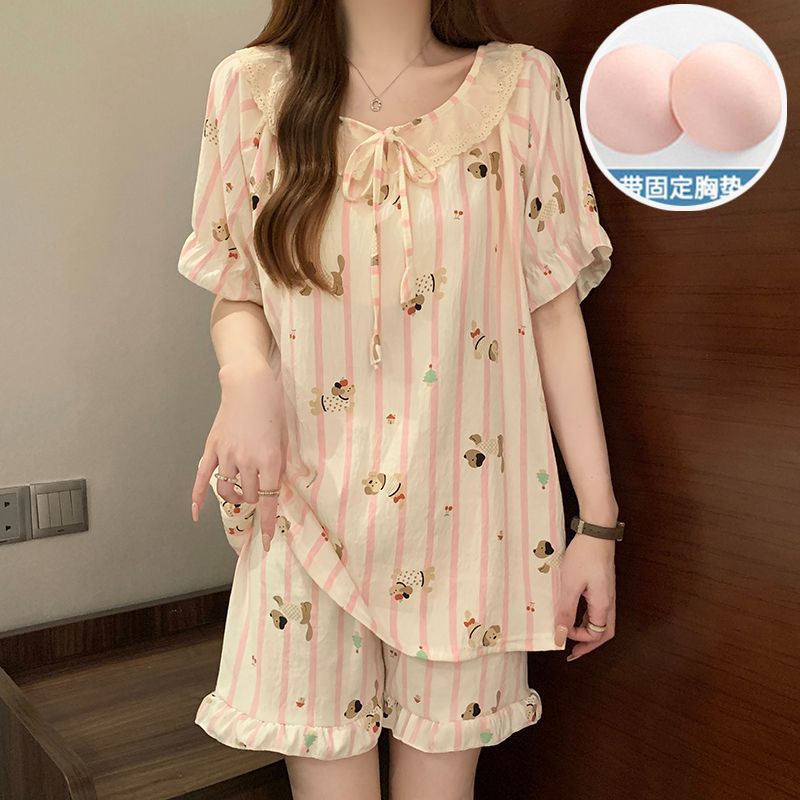Pijamas con almohadilla fija para el pecho para mujer verano nuevo traje de manga corta de algodón de nube estilo coreano suelto, dulce y lindo servicio a domicilio