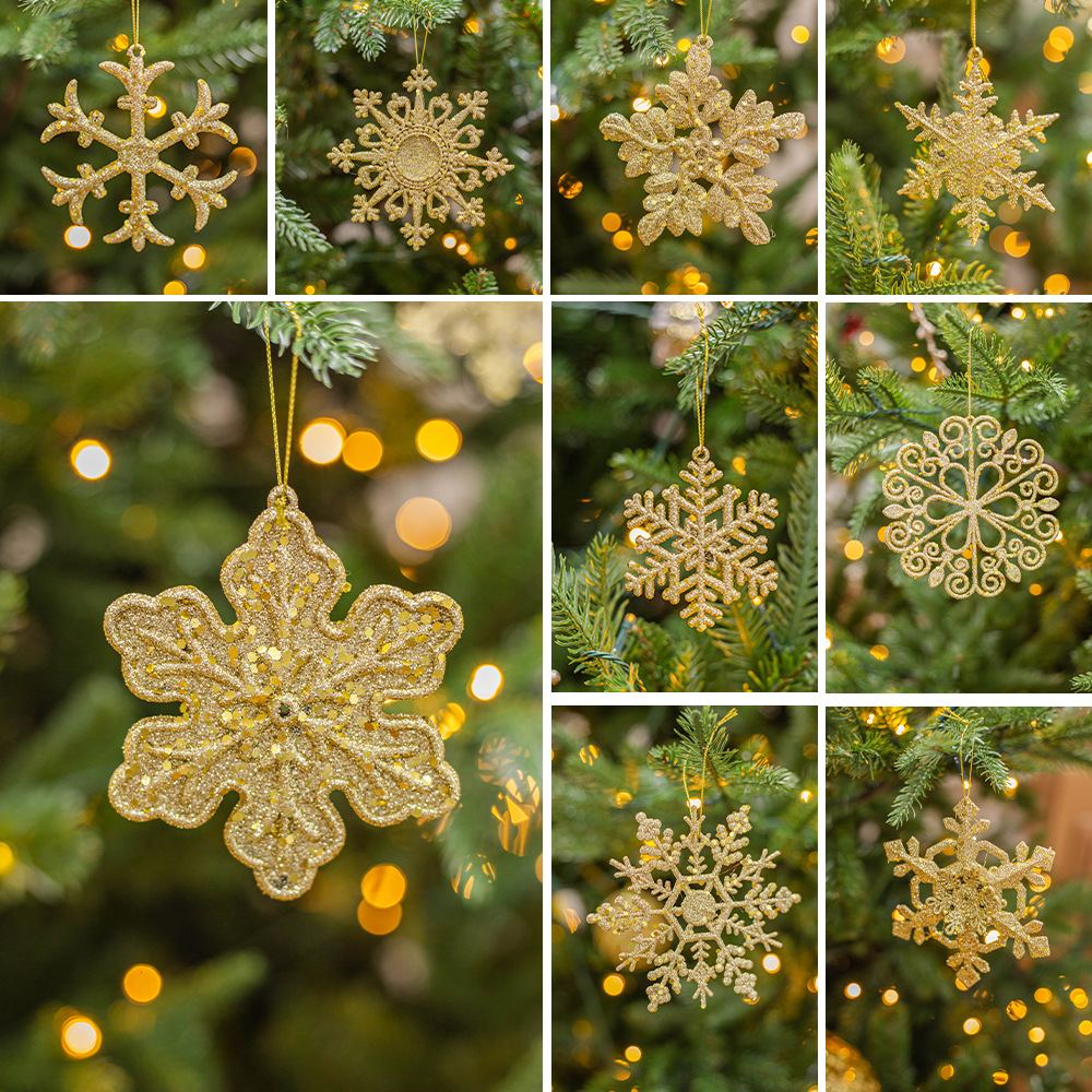 Decoraciones de Navidad personalizadas polvo de Navidad copos de nieve de plástico dorado pequeño colgante colgante conjunto de accesorios