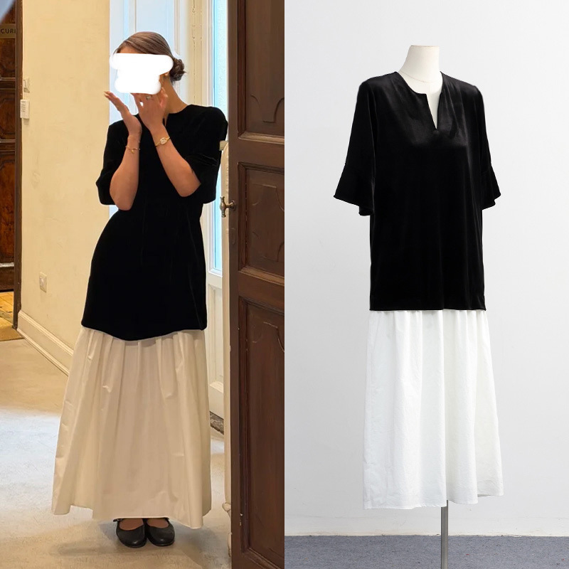 [in Stock] Zhu Zhu Nana Style Velvet Patchwork Color-Blocking Dress, High-End Niche Fashion, Elegant Long Dress for Women