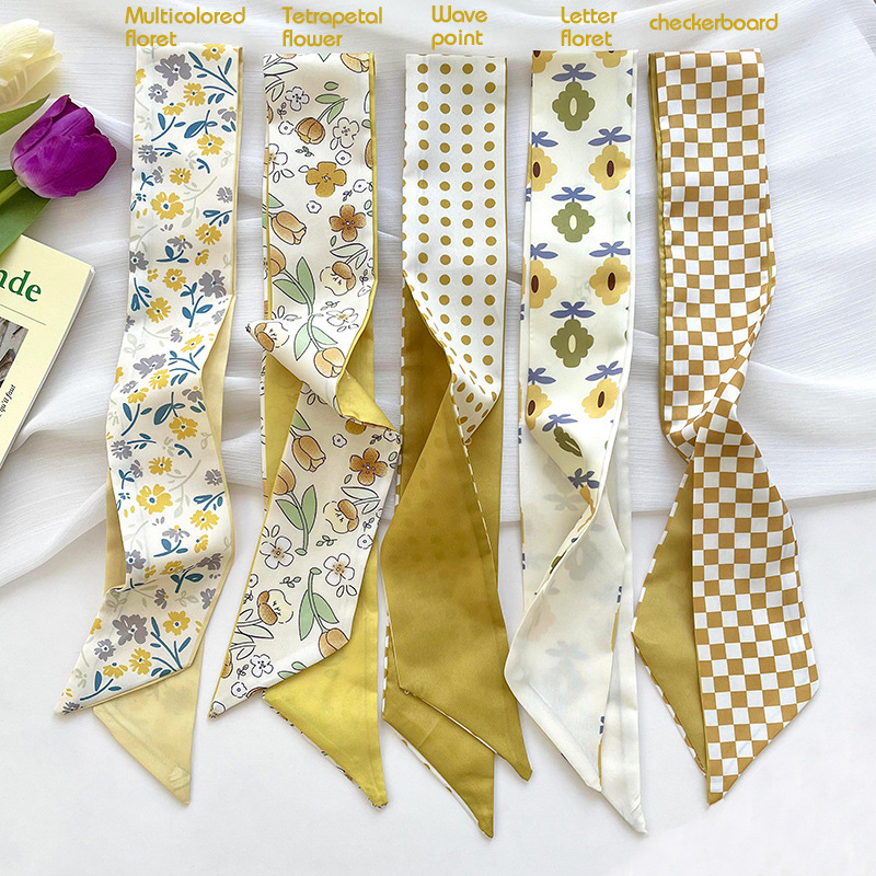 Amarillo Blanco pequeña bufanda de seda para las mujeres de primavera y verano delgada tira estrecha corbata de pelo bolsa decoración de alta sentido bufanda banda de pelo cinta