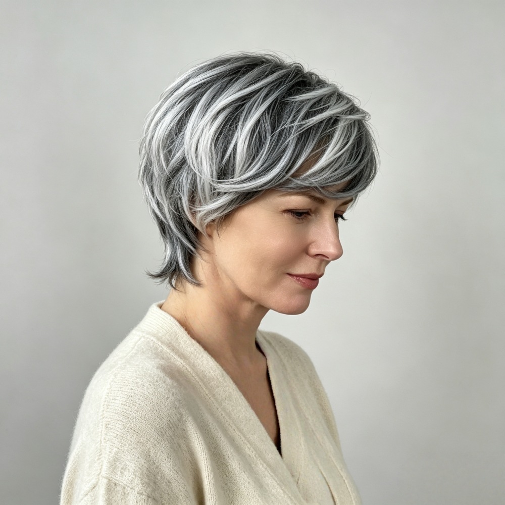 Amazon nueva peluca femenina de moda europea y americana pelo corto recto teñido en blanco y negro color mezclado fibra química Pelo Corto sombrero femenino transfronterizo image 6