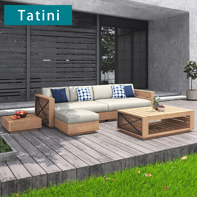 Conjunto de sofás de teca para exteriores para patio de hotel, impermeable, resistente al sol, muebles anticorrosivos, sofá de madera maciza para jardín de villa.