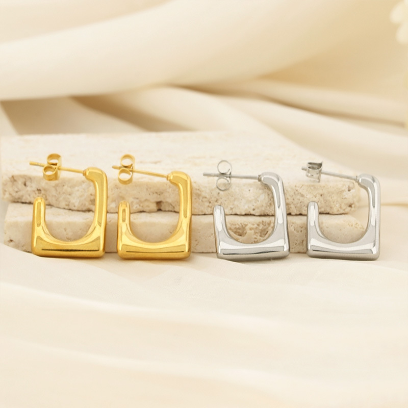 18K Real Gold Plated Plating Material Pearl Inlay Material Ear Studs Classification PVD Coated 18K Gold Plated Geometric Titanium Steel Simple Style Waterproof Non Tarnish Ear Studs