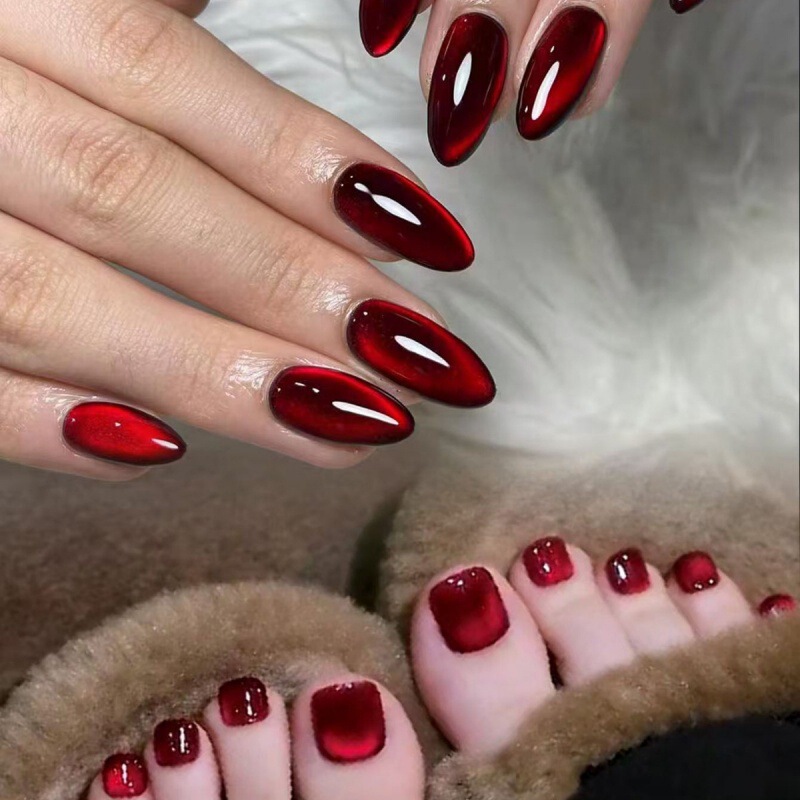 Cross-border bestseller: 48-piece burgundy almond-shaped cat-eye press-on nails, high-end nail art, popular wholesale Cross-border bestseller: 48-piece burgundy almond-shaped cat-eye press-on nails, high-end nail art, popular wholesale