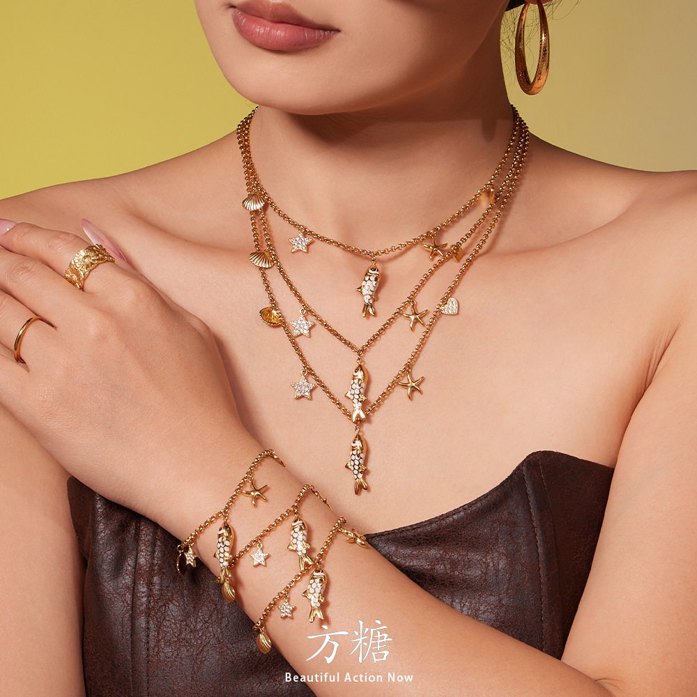 Sugar Cube Good Luck Koi Star Scallop Heart Zircon Multi-Pendant Bracelet Necklace Elegant Fashion Set Decoration for Women