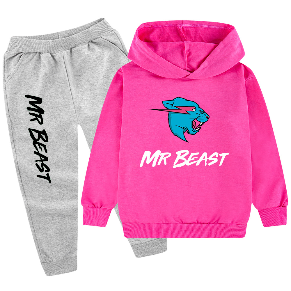 Testa di lupo MR BEAST Cartoon stampato set per ragazzi e bambini felpa con cappuccio maglione + pantaloni PB437_voghion.com