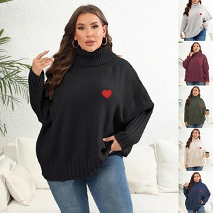 Heart Sticker Women's Tops Cross-Border European and American Plus Size Women's Solid Color Turtleneck Woolen Sweater Loose Pullover Sweater