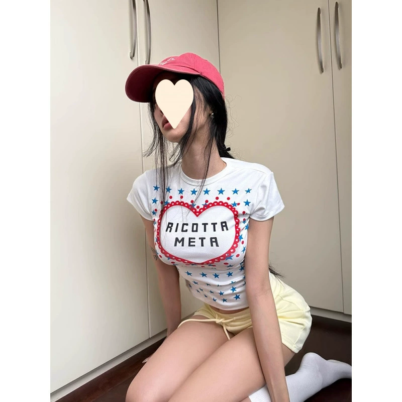 [210 г, 40 шт., тонкий хлопок 1*1] Женская футболка с короткими рукавами и принтом American Star, летний милый сексуальный короткий топ