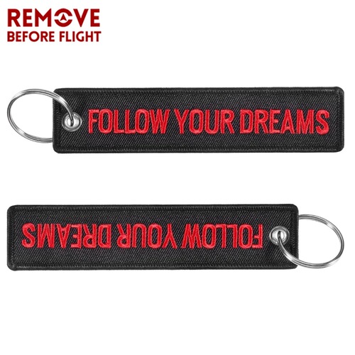 New Black Base Red Word FOLLOW YOUR DREAMS Embroidered Car Motorcycle Keychain