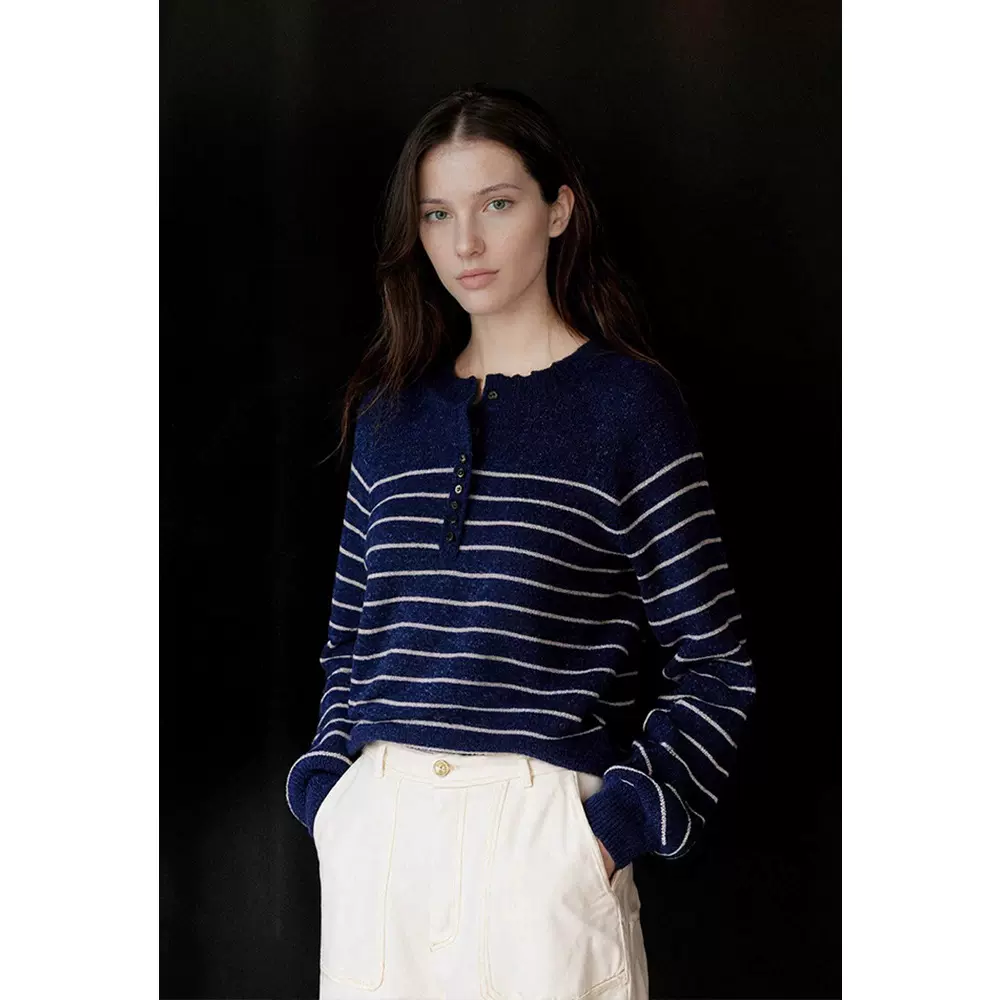 四媛航海风条纹羊毛羊驼毛长袖针织衫25秋季新款宽松显瘦毛衣9326