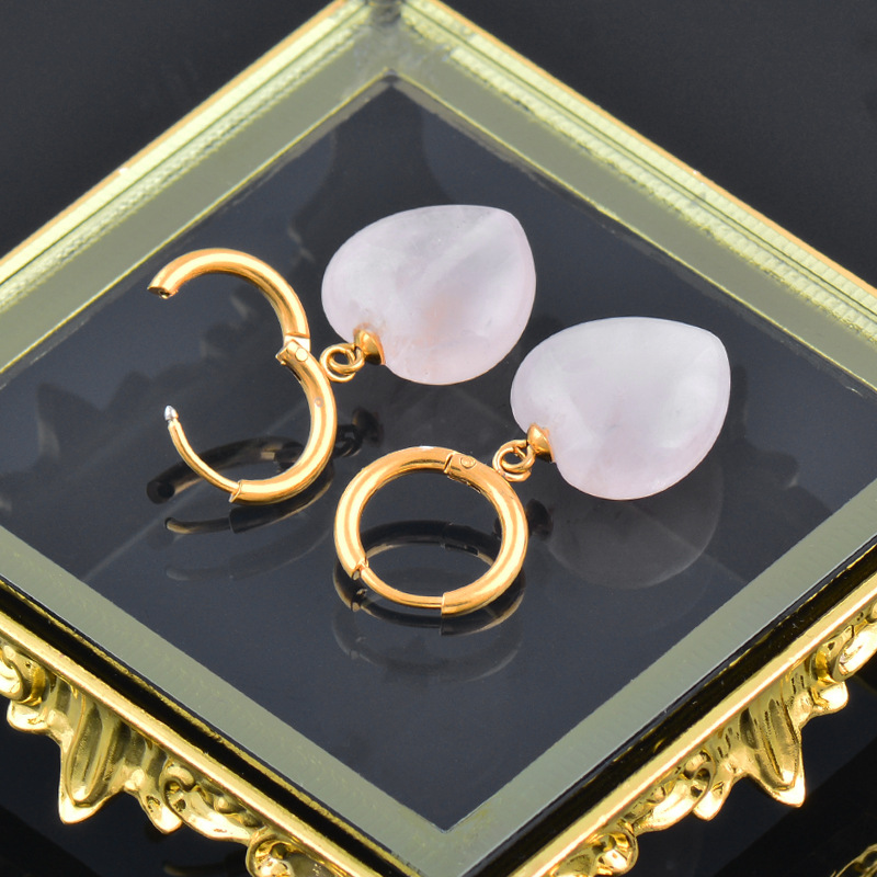 Fashion Heart Shape Titanium Steel Natural Stone Earrings 1 Pair