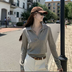 韩系灰色POLO衫正肩长袖针织衫女早秋气质高级感短款修身翻领上衣
