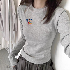 早秋季新款美式复古灰色修身上衣女内搭打底衫甜辣chic长袖T恤冬