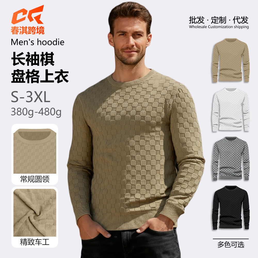 Transfronterizos Europa y América Amazon otoño oriental camiseta de punto de hombre Jacquard pesado pequeño cuadrado cuello redondo casual camiseta de manga larga hombre