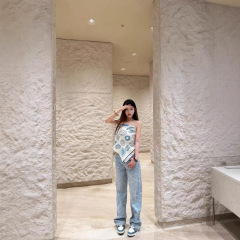 南油女装25小香家春夏高腰百搭新款激光珍珠链条直筒牛仔裤
