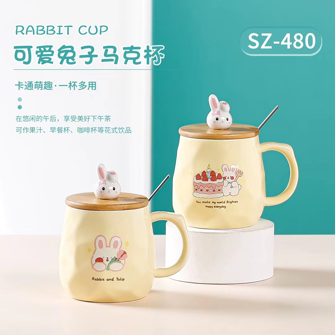 Creativo simple lindo conejo de dibujos animados regalo personalizado taza pequeña cerámica fresca beber con tapa cuchara