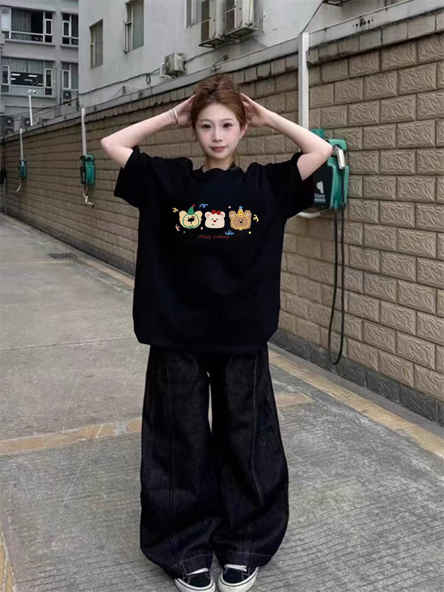 Pure Cotton American-Style Cartoon Print Black Short-Sleeved T-Shirt for Women, New Summer Design, Loose Large Size Half-Sleeved Top