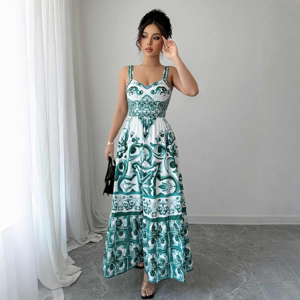 "Minimalist Cross-Back Strappy Dress For Women Style Casual Long Dress, Flowy Printed Design, Breathable Polyester, Green, S-XL"_ecoleips.com