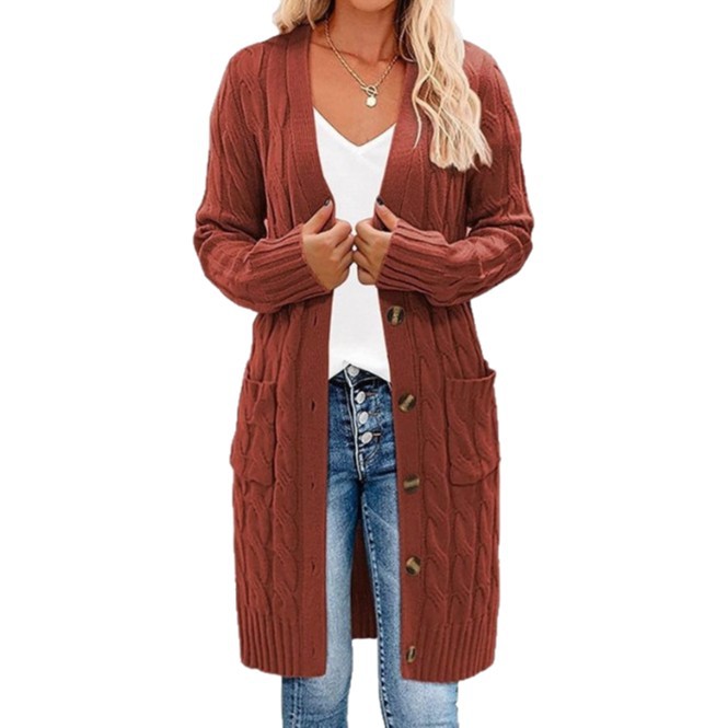 Comercio exterior transfronterizo Amazon otoño y invierno nuevo suéter de punto largo de torsión de botón de color sólido para mujeres cardigan chaqueta image 6