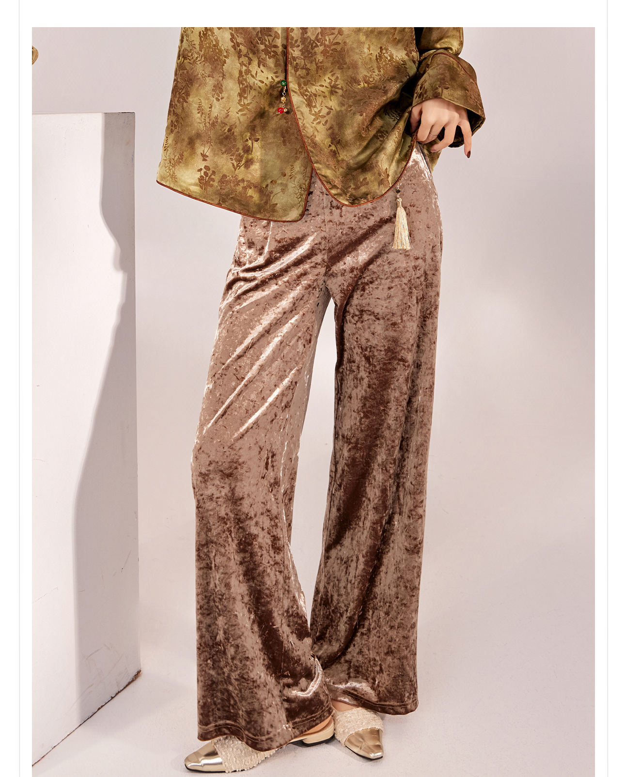 Quần ống rộng nhung lụa kiểu Trung Quốc mới, jacquard màu trơn, phong cách văn nghệ — Màu đen, Màu vàng, Màu hồng, Màu mơ chi tiết 15