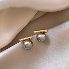 S925银针法式灰色珍珠一字金属耳钉复古简约气质耳环ins冷淡耳饰