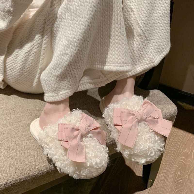居家室内毛绒棉拖鞋女冬季保暖平底可爱仙女风 甜美蝴蝶结毛拖